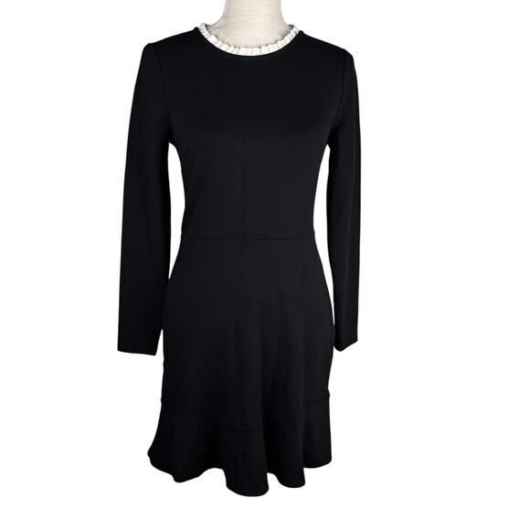 Loft Dress Black 4P Petite Stretch LBD Ruffle Neck LS New - Picture 2 of 14
